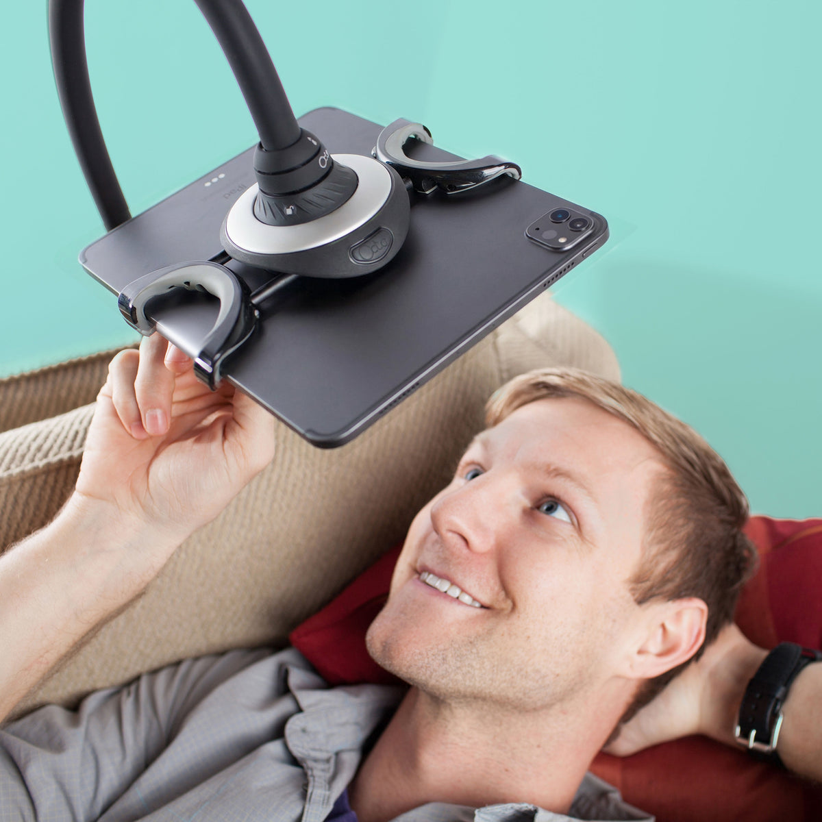 Overhead view of Spider Monkey holding a tablet beside a couch