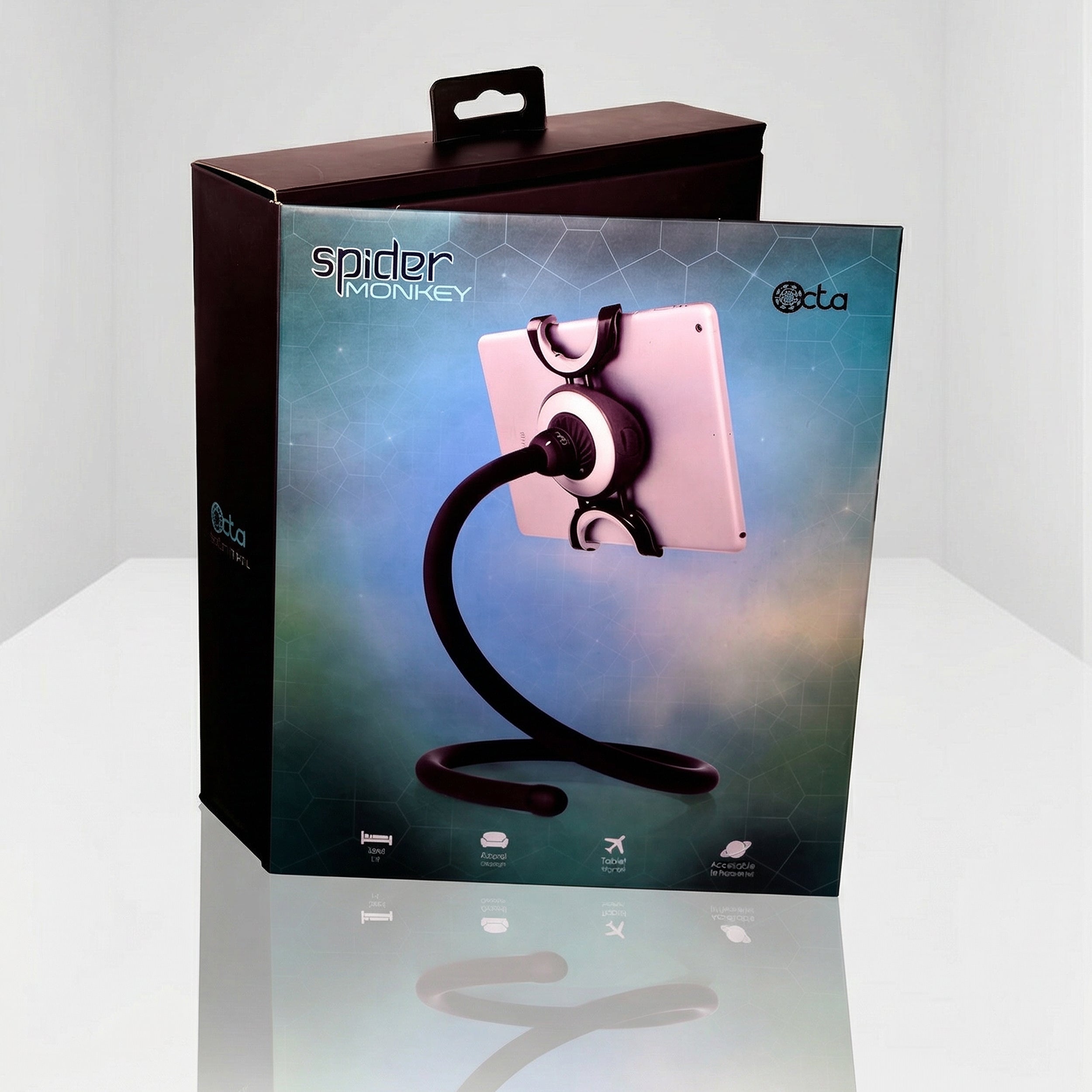 Spider Monkey retail package displayed in a white room