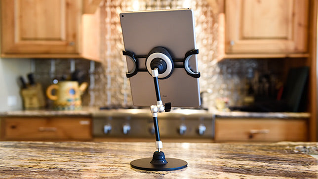 Tablet mounted on Spider, Bridge 360, and Gravity Plate on a kitchen counter